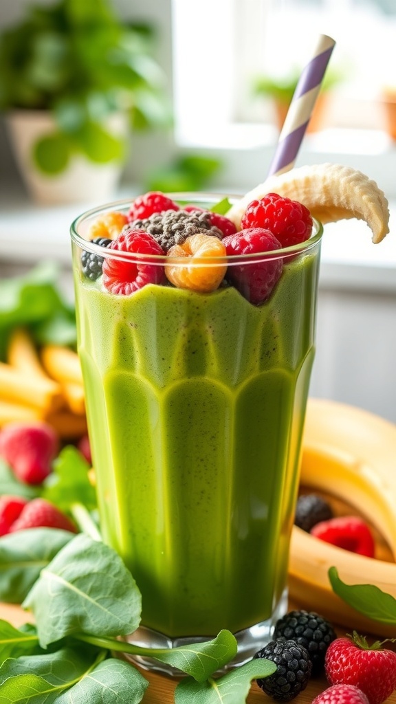 A refreshing green fat burning smoothie with spinach and berries in a glass, garnished with chia seeds.
